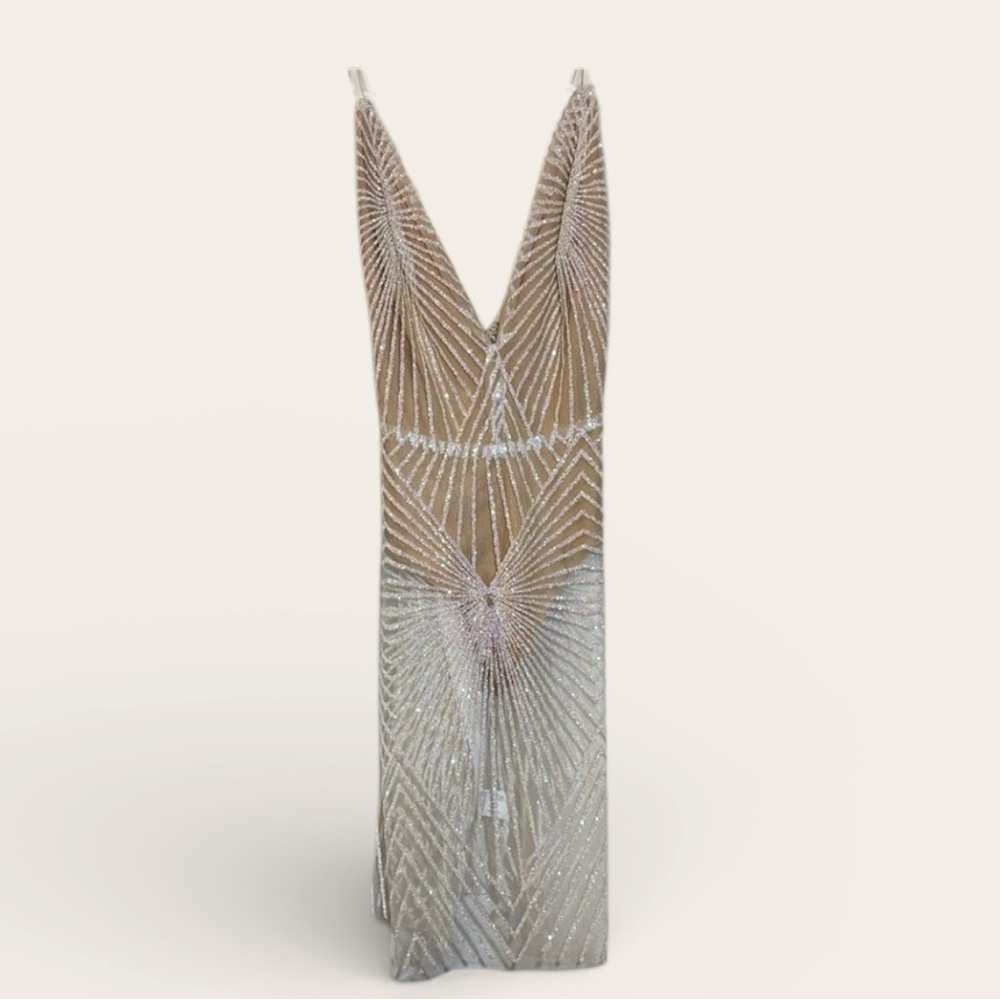 White Beaded Sheer Showgirl Dress & Nude Bodysuit Set - Medium (Fits Small)